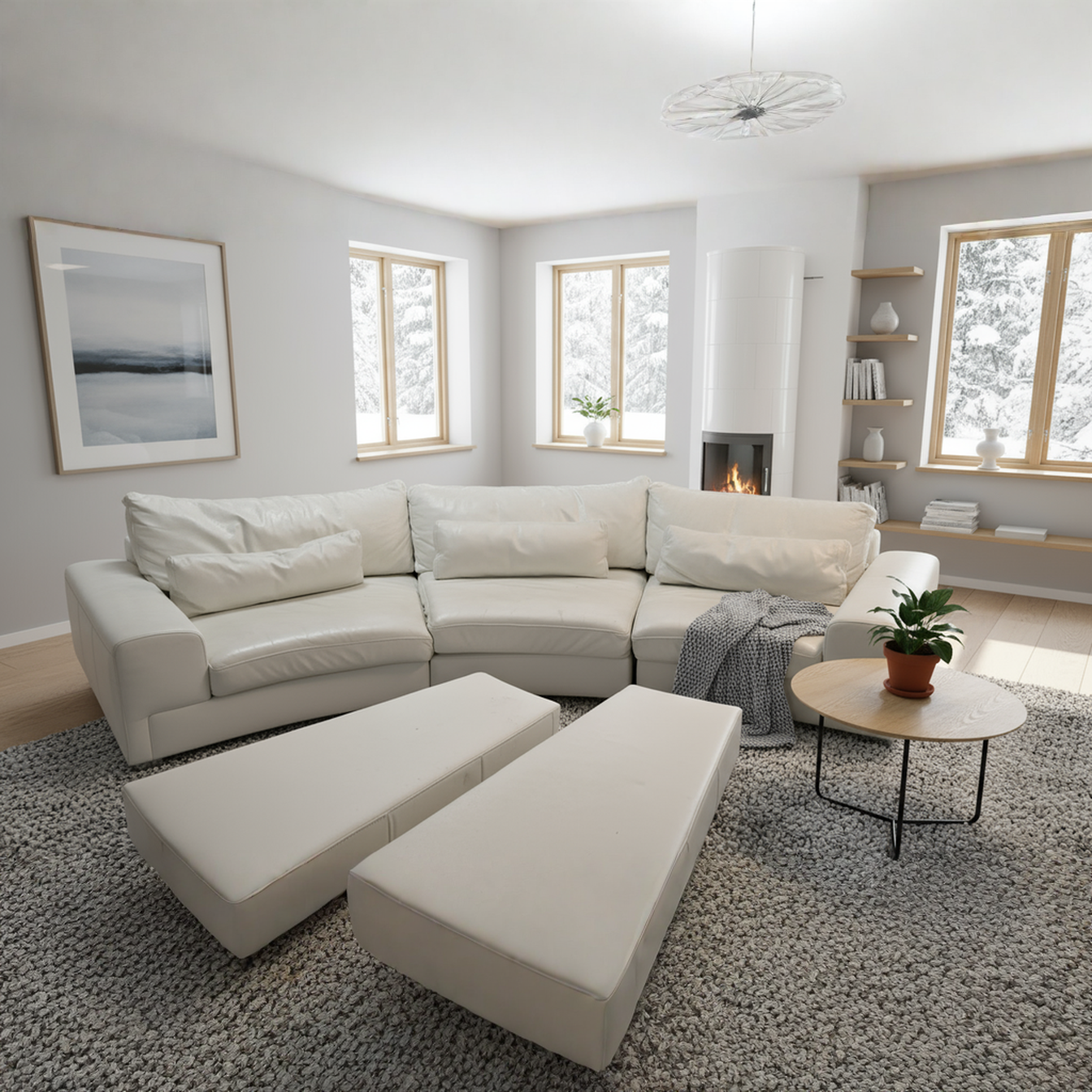 Stor hörnsoffa i vit läderlook – modern & exklusiv